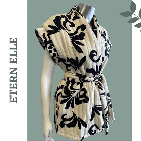 Etern Elle Black and White Patterned Vest Quilted Tie Waist Cap Sleeve Small Med - Picture 3 of 7